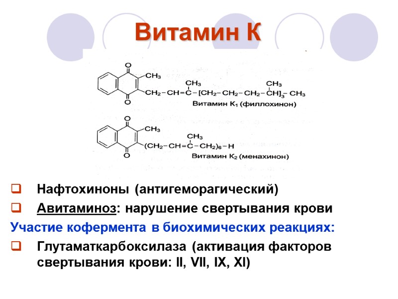 Витамин К       Нафтохиноны (антигеморагический) Авитаминоз: нарушение свертывания крови